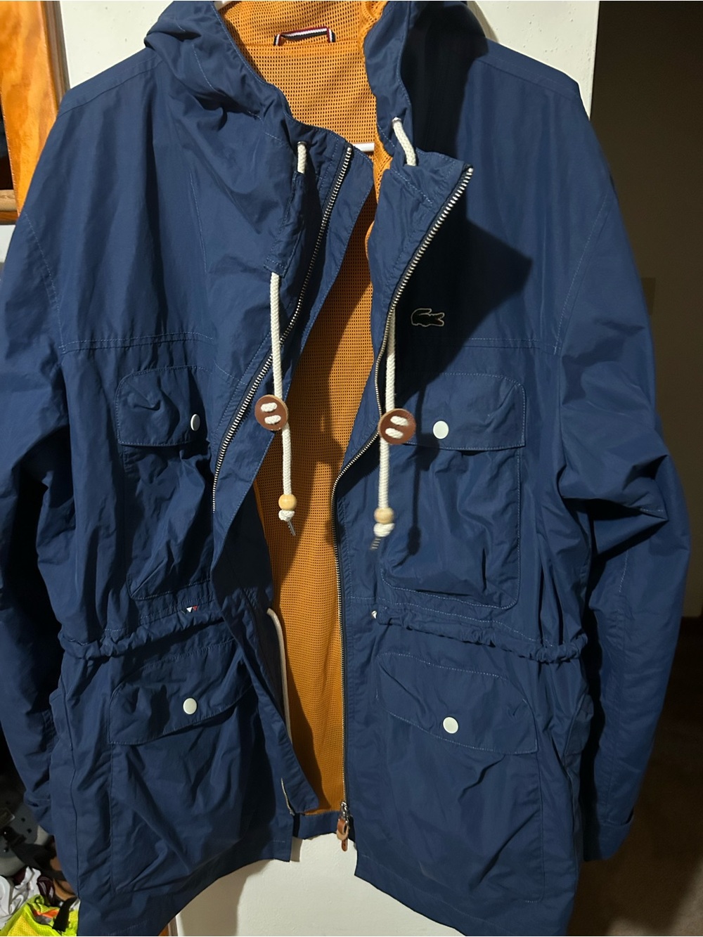 Lacoste Navy Hooded Windbreaker with Mustard Lining